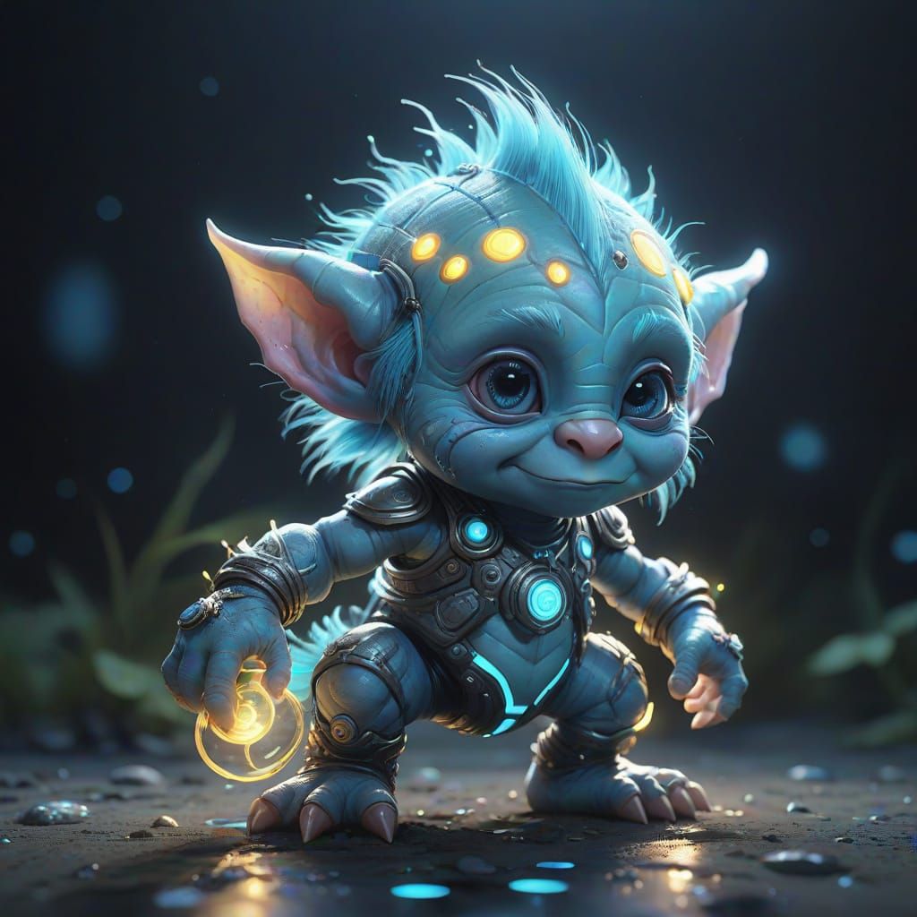 Cute Bioluminescent Baby Troll in Biopunk Style