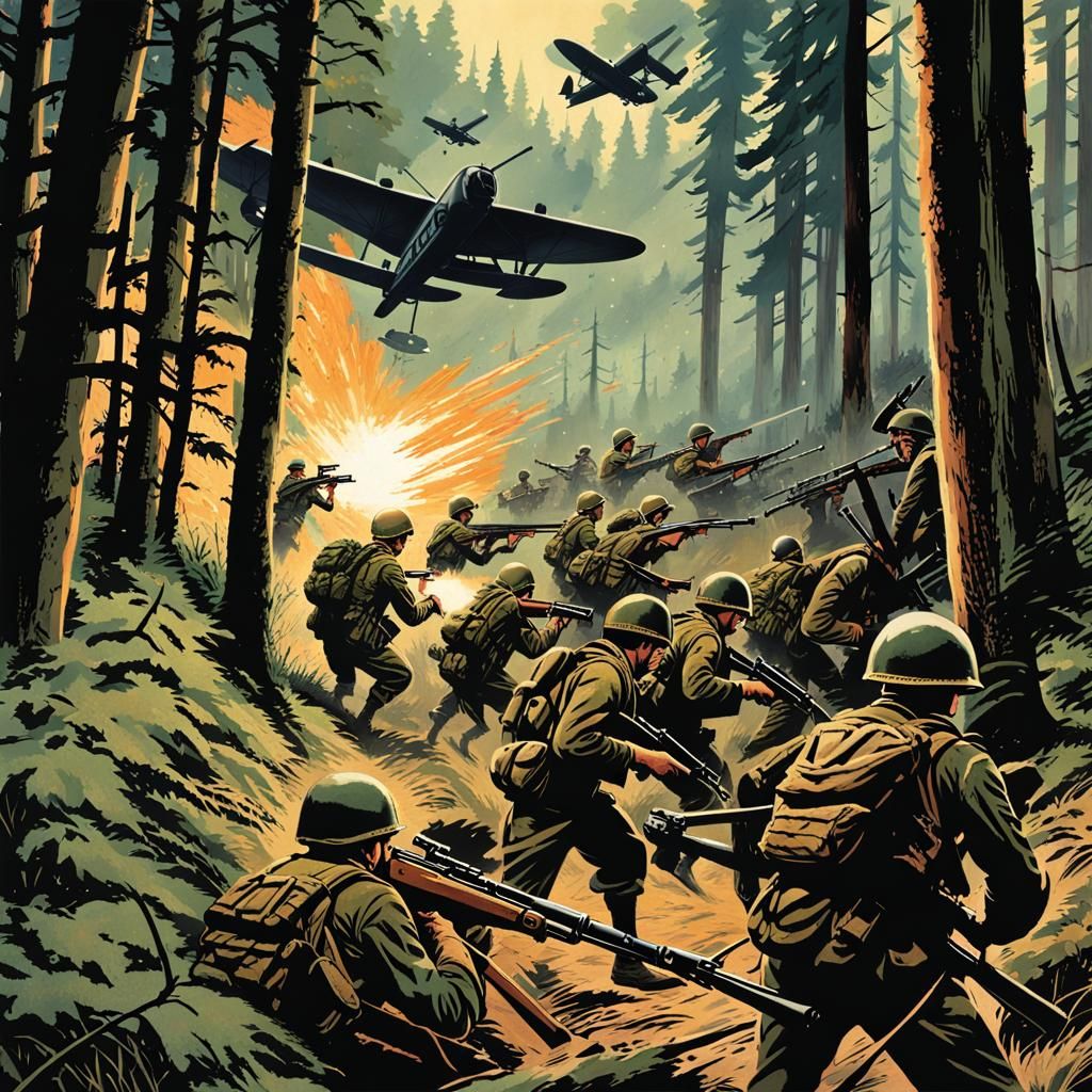 WWII Paratroopers in Forest Firefight Illustration