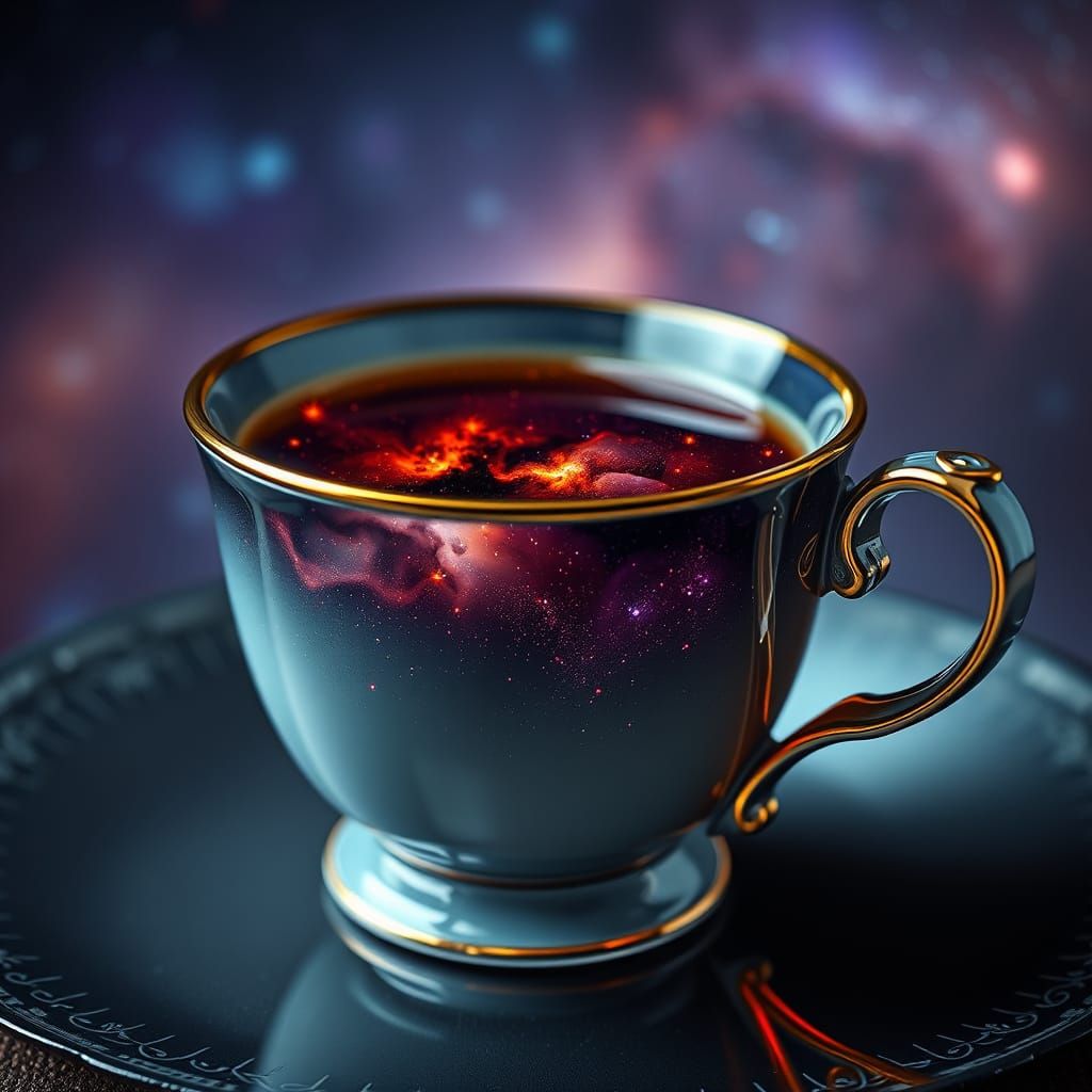 Photorealistic Tea Cup Reflecting Galaxy Nebula