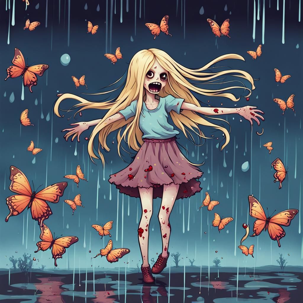 Zombie Girl Dancing in Rain with Butterflies