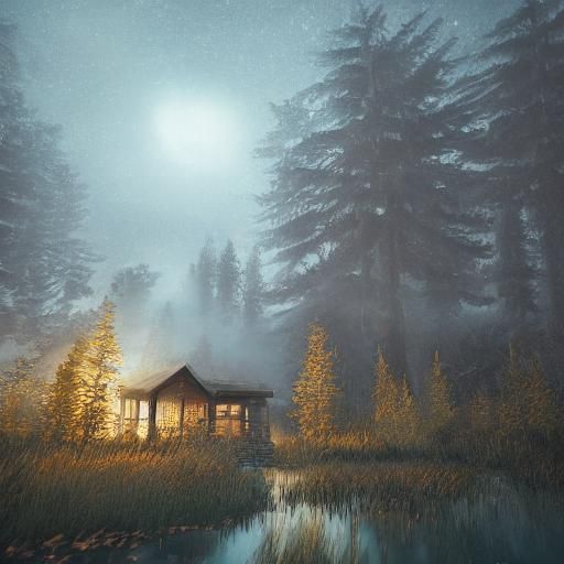 Moonlit Cabin by River in Fantasy Landscape