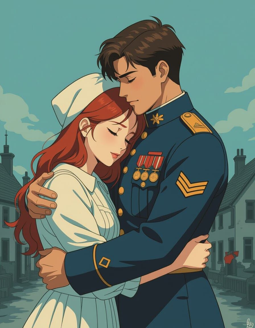 WWI Soldier and Nurse Embrace in Manga Style