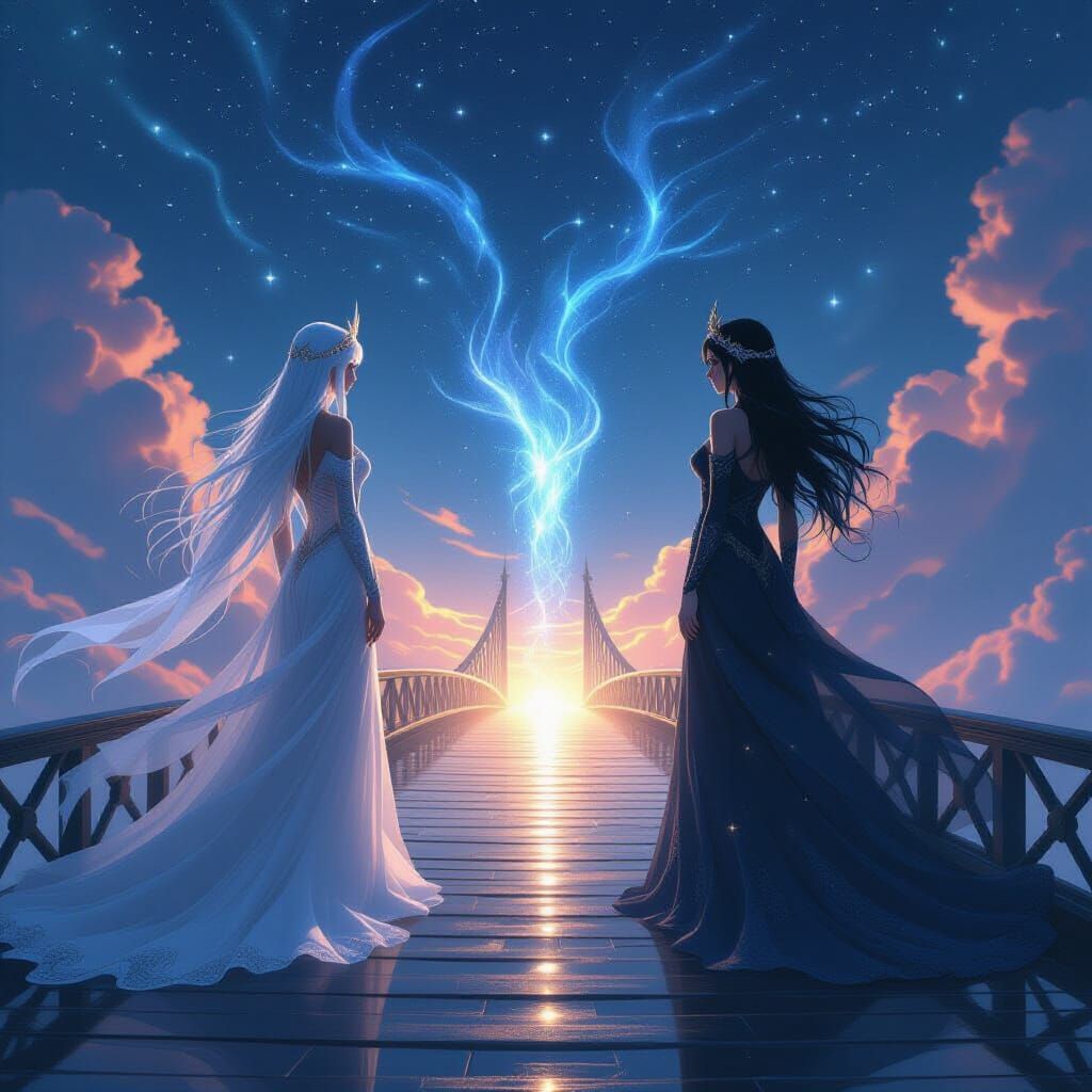 Celestial Goddesses in Anime Style on Cosmic Bridge