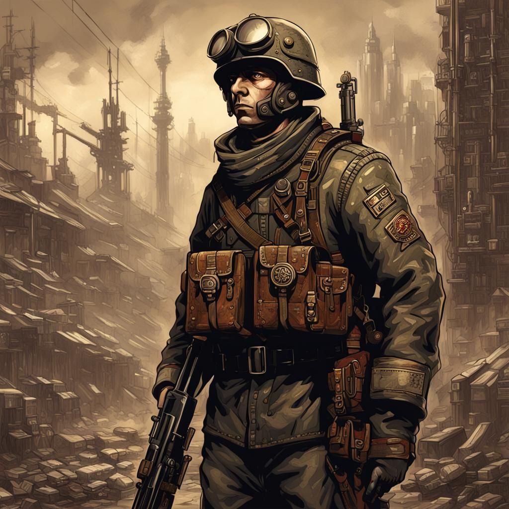 Dieselpunk Soldier in Dystopian Landscape