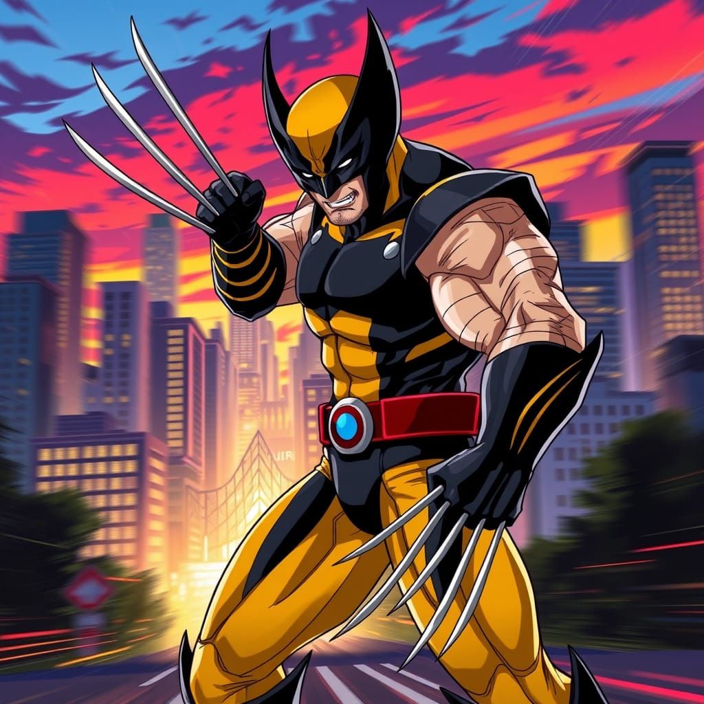 Heroic Wolverine in Anime-Style Cityscape