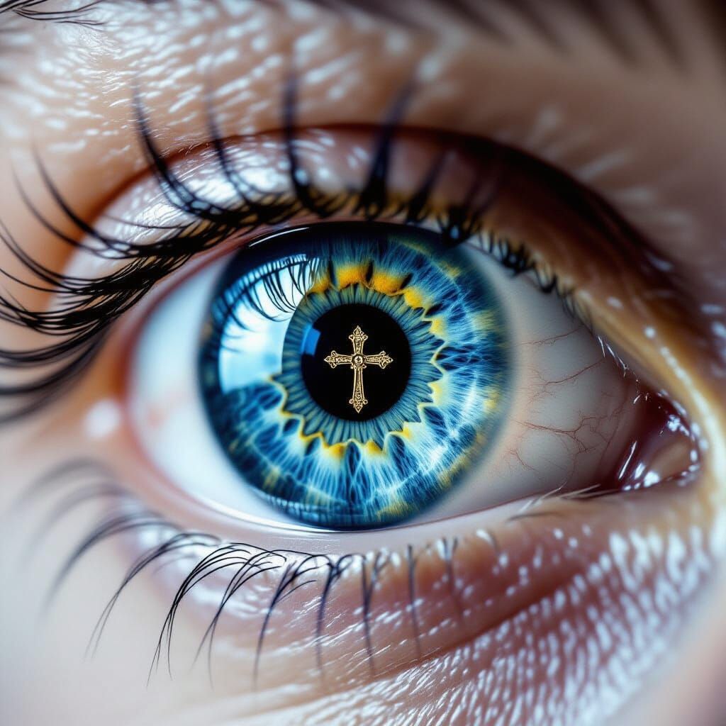 Hyperrealistic Human Eye with Golden Cross and Key