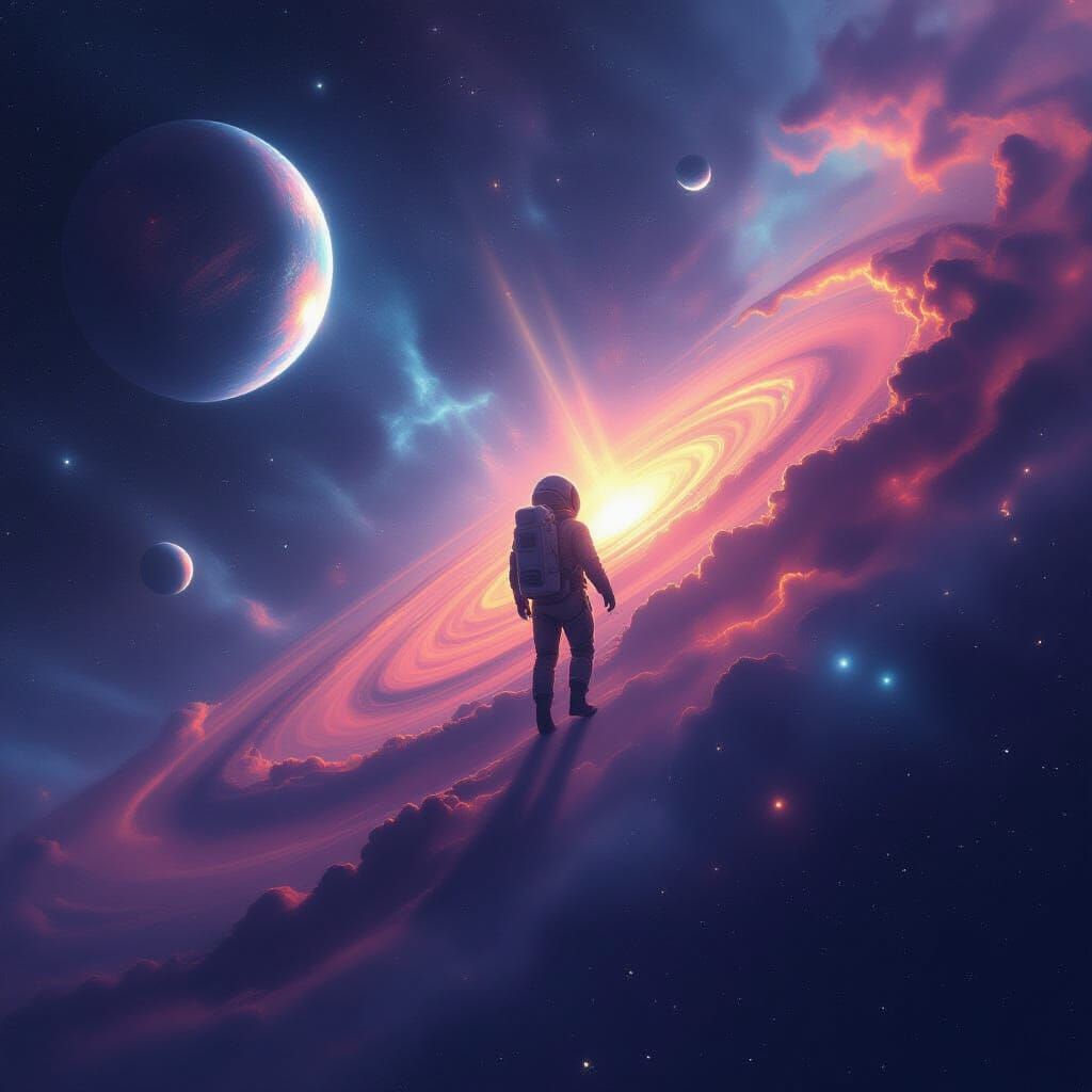 Astronaut Adrift in Bioluminescent Nebula, Cosmic Awe