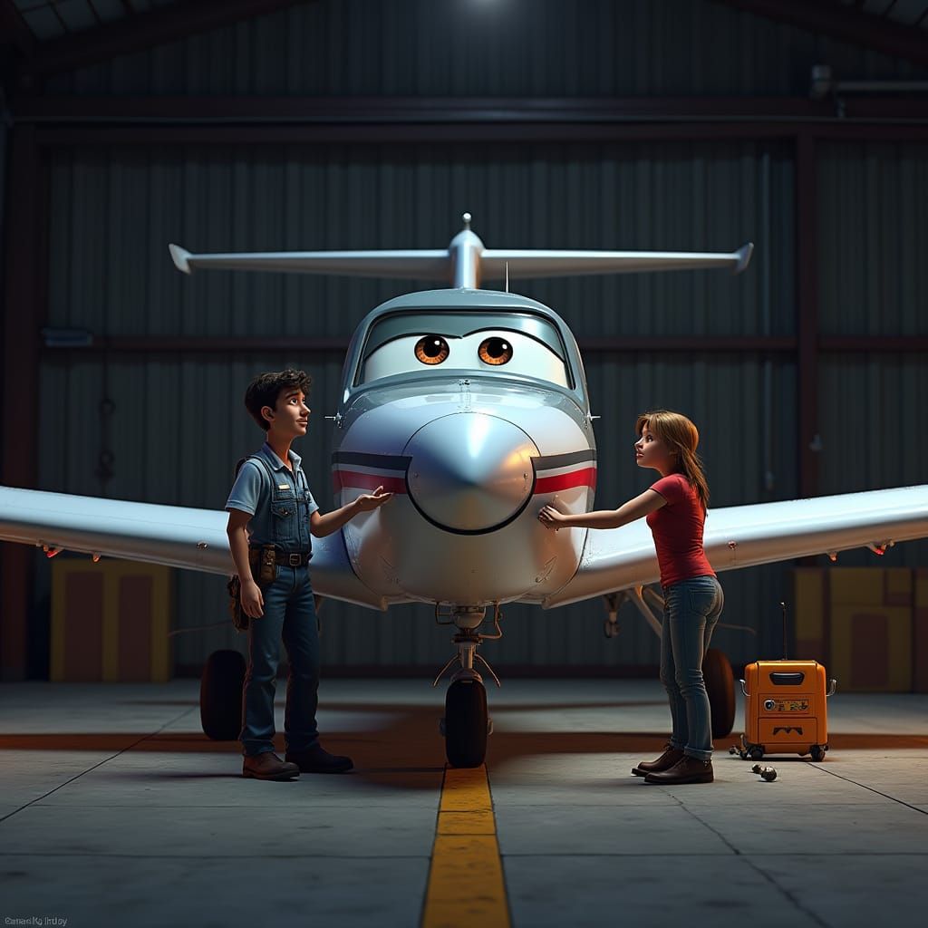 A Cessna Plane in a Cozy Hangar Glows with Vibrant Colors