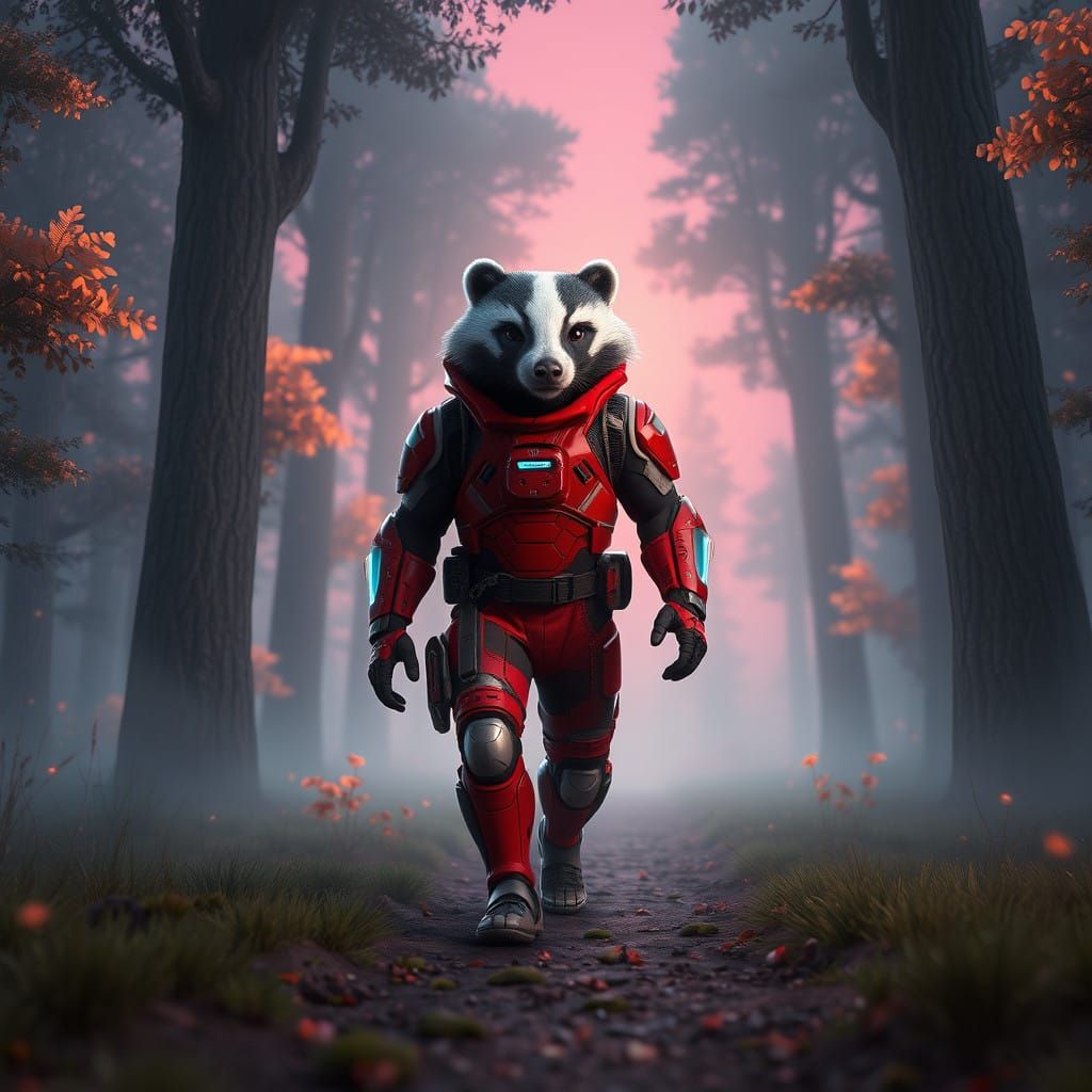 Cyberpunk Badger Embarks on a Futuristic Woodland Quest