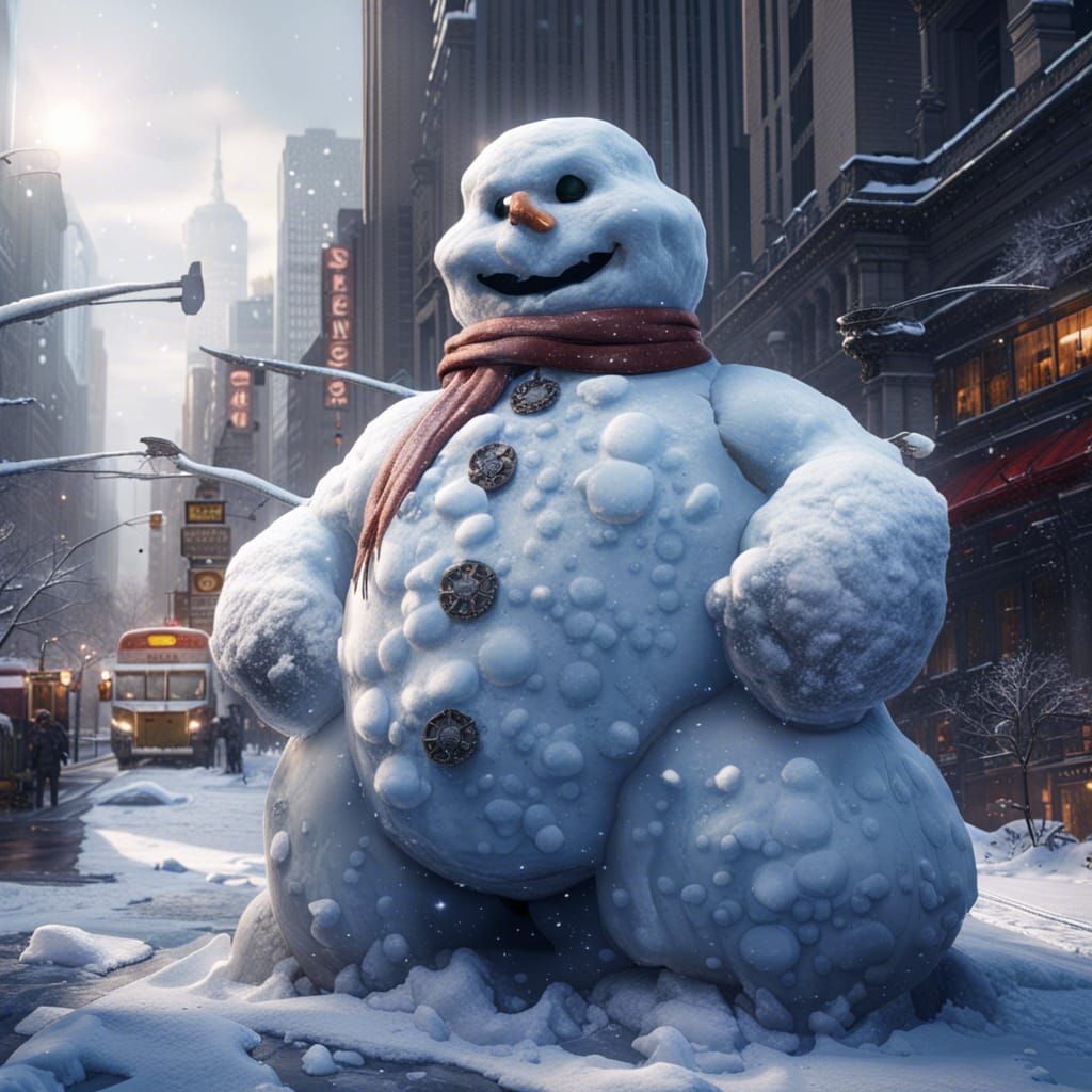 Fantasy Giant Snowman in Winter New York City