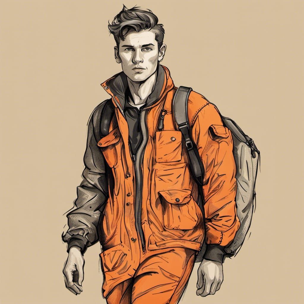 Man in Jumpsuit with Toolbag in Warm Ink Drawing