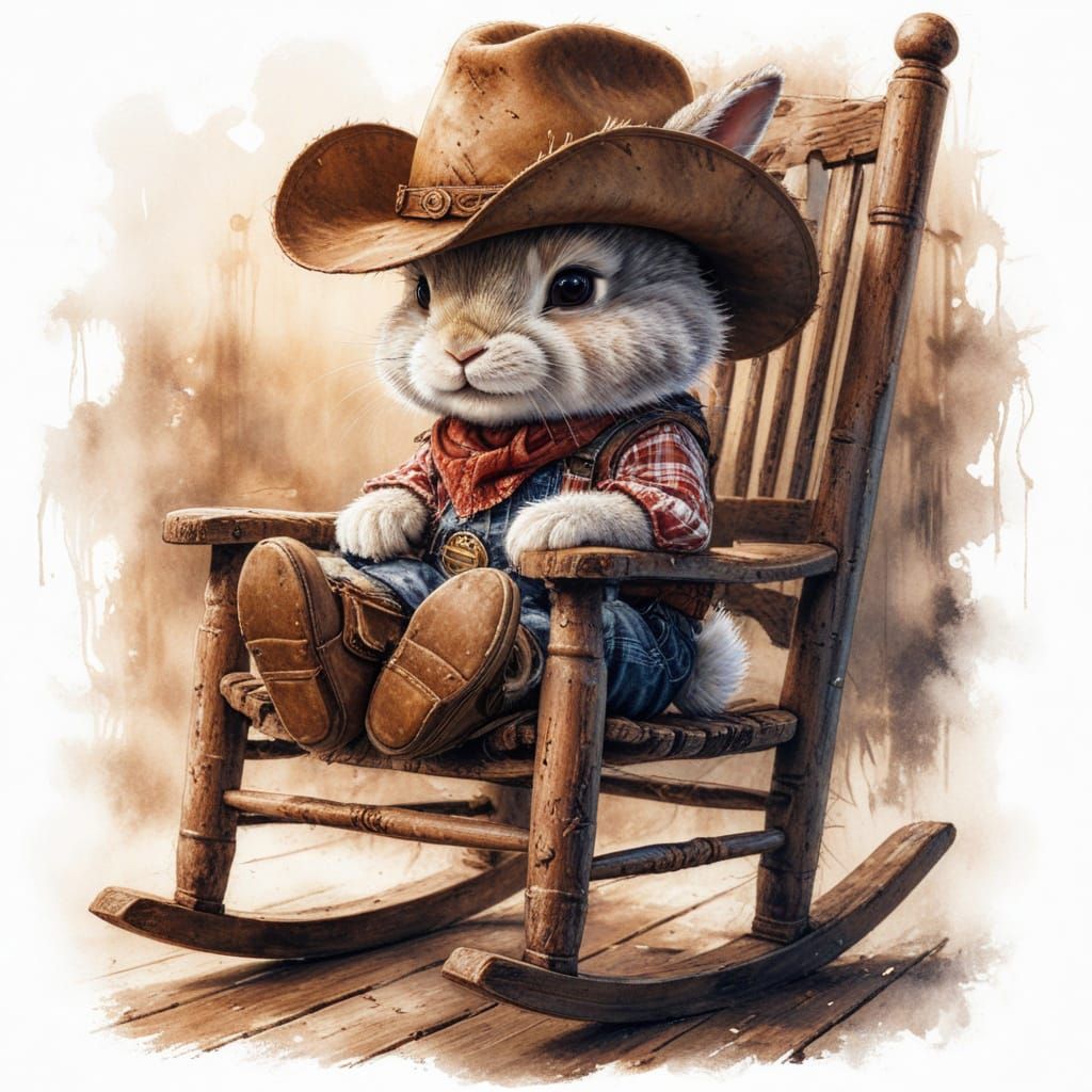 Rabbit Cowboy in Rocking Chair Fine Art
