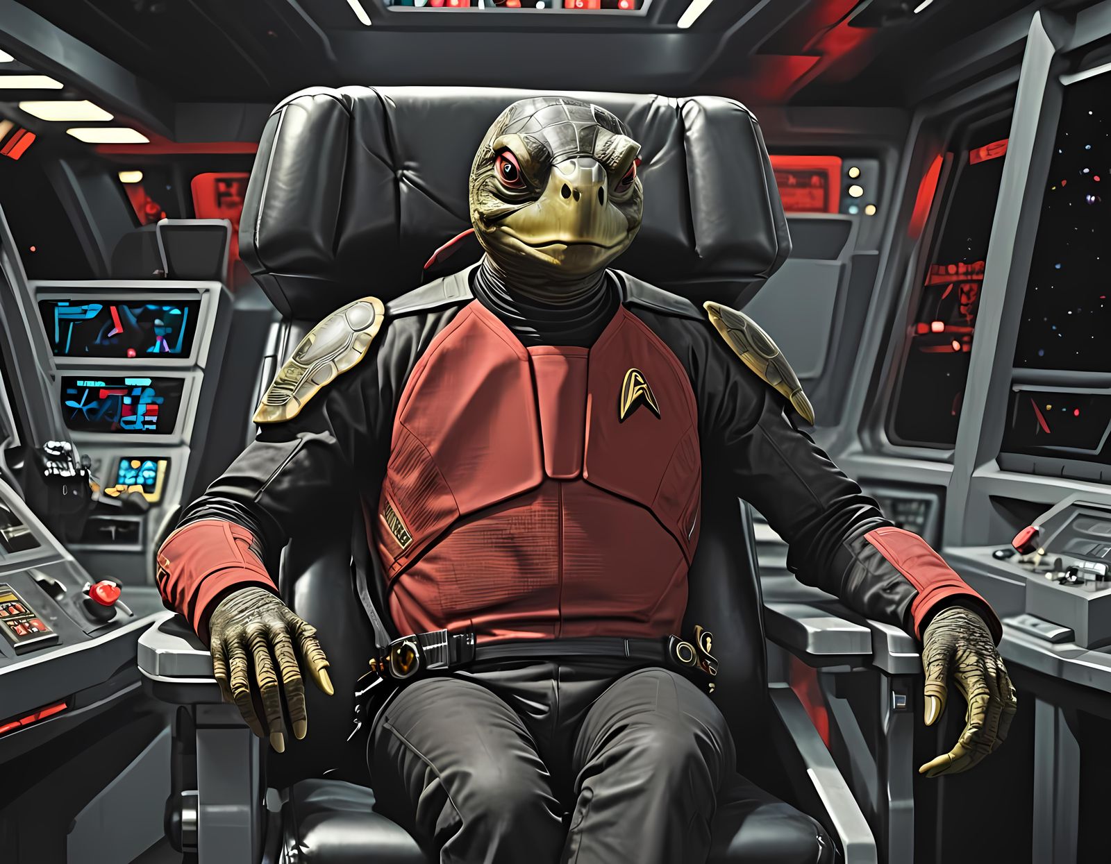 Anthropomorphic Turtle Captain on USS Enterprise Bridge