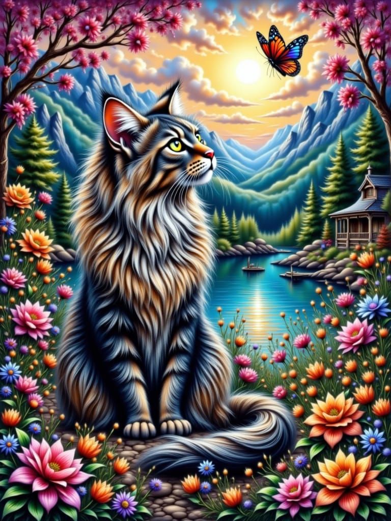 Cat Sculpture Made of Nails and Screws in Magical Landscape