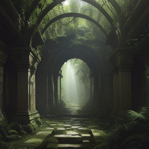 Lost City Ruins in Jungle Clearing