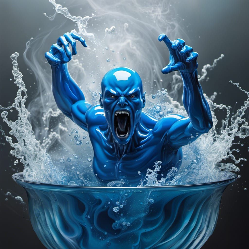 Surreal Blue Water Elemental Screaming in Pot