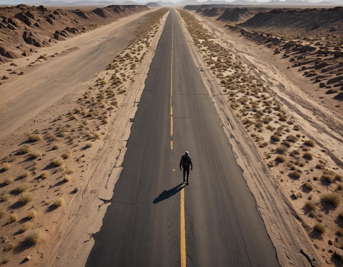 Lone Man Walks Desert Road: Hyperrealistic 8k Image