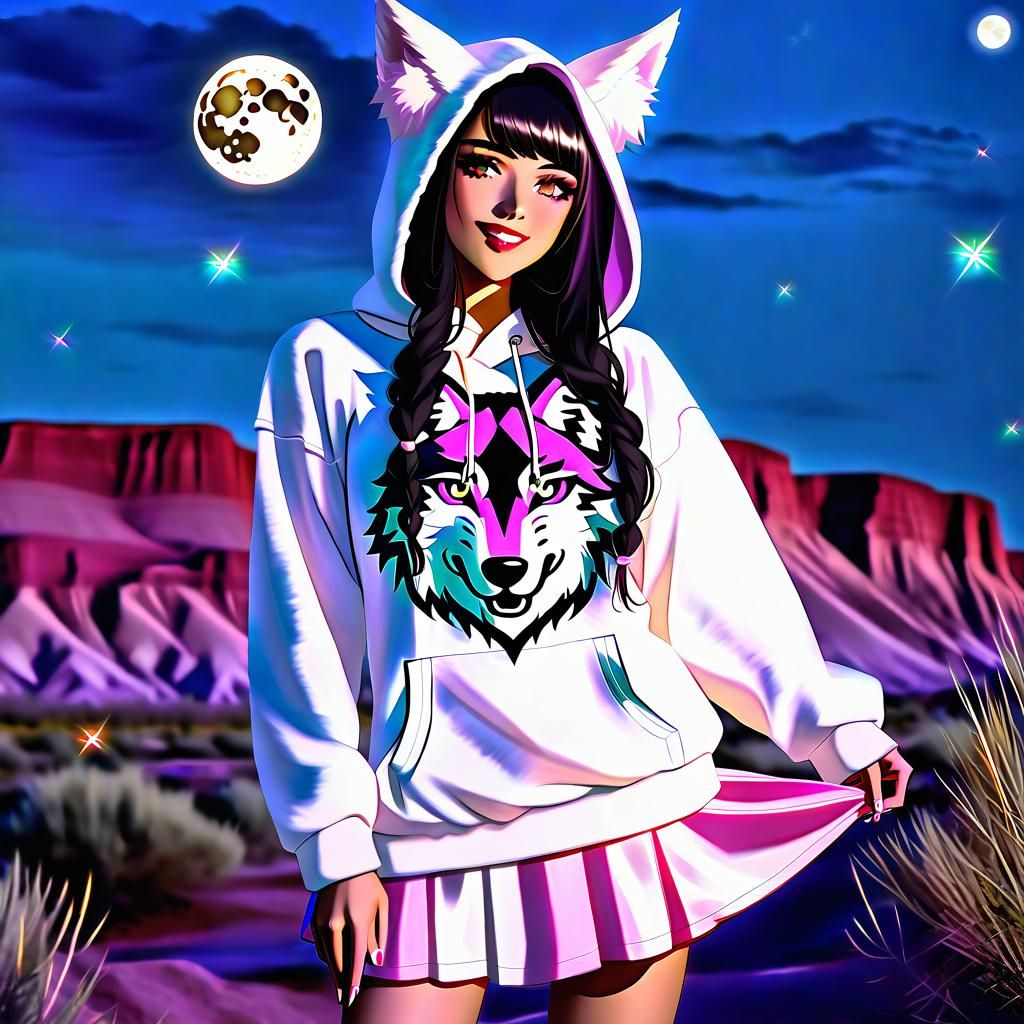 Pretty Pim @mooniewolfe wearing Wolf print Kawaii pink and white fleece Wolf Ear Hoodie