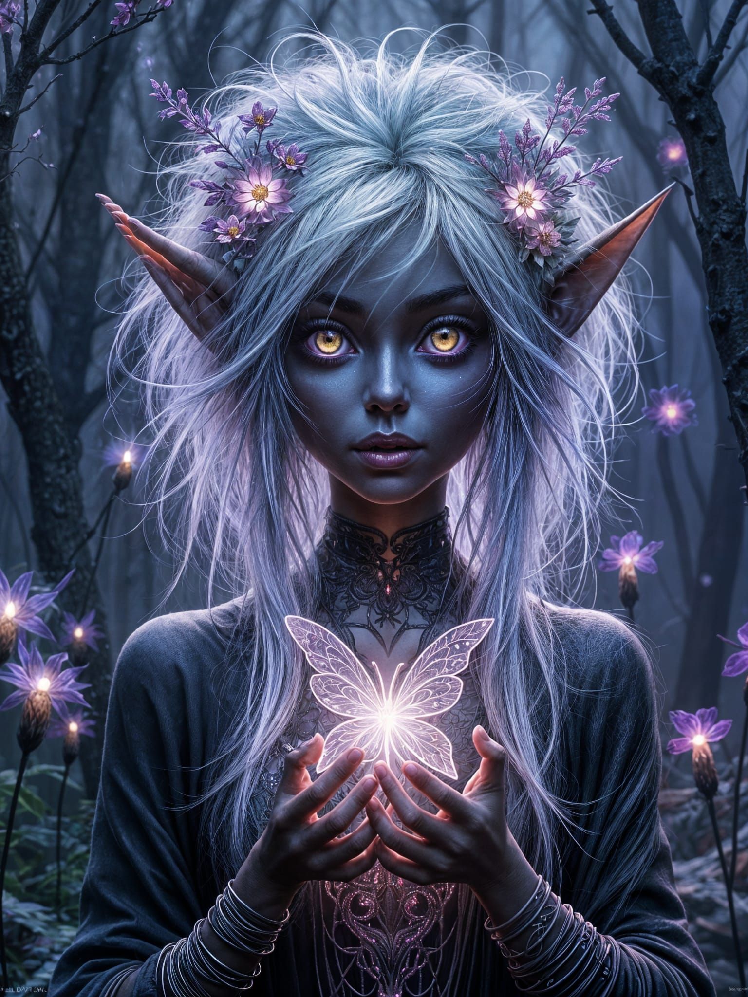 Onyx Elf with Fairy in Dark Fantasy Illustration