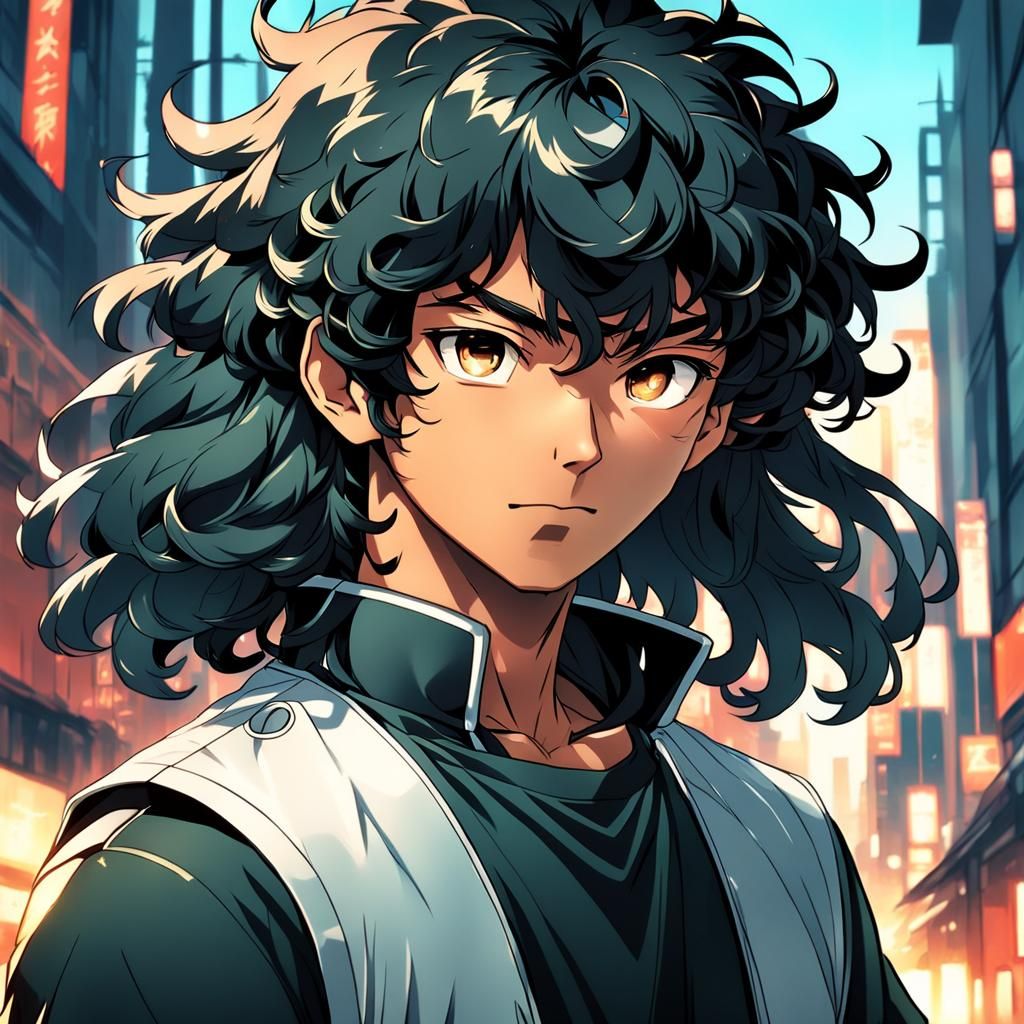 Anime Boy with Curly Mullet in Cel-Shaded Style