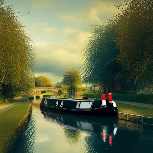Idyllic Narrowboat on Canal: Digital Matte Painting