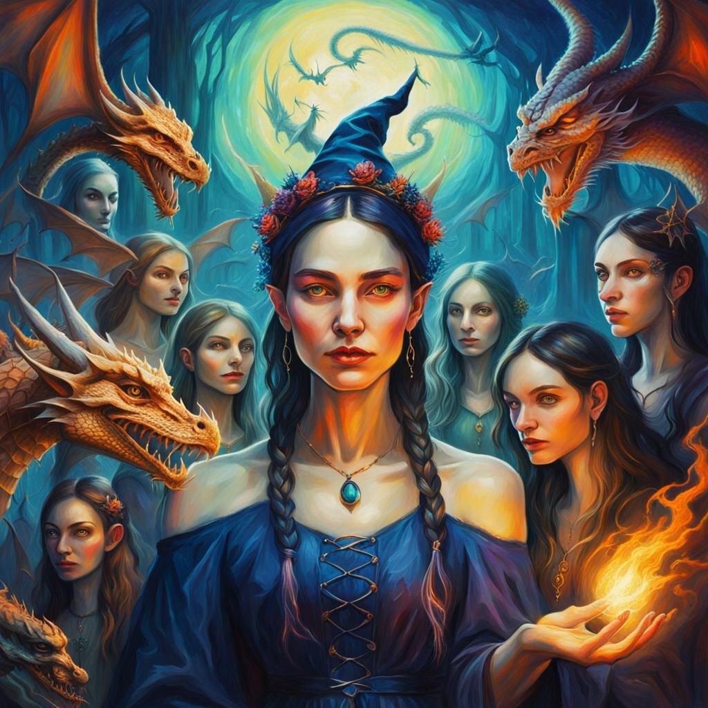Dreamlike Sorceress with Dragons and Fairies