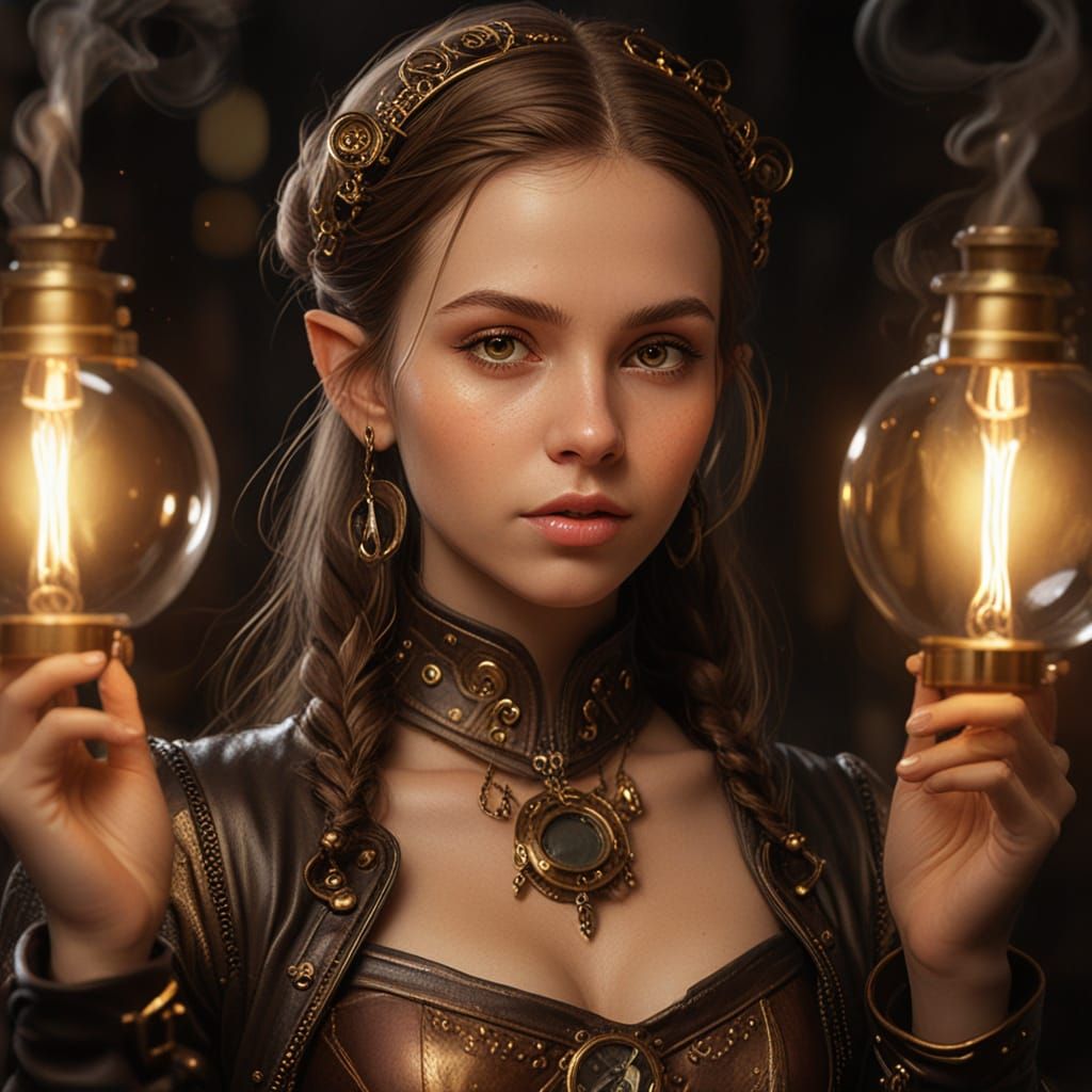 Steampunk Elf Alchemist Portrait in Oil Painting Style
