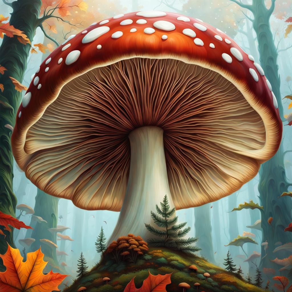 Hyperrealistic Mushroom Perspective in Autumn, 3D Abstract