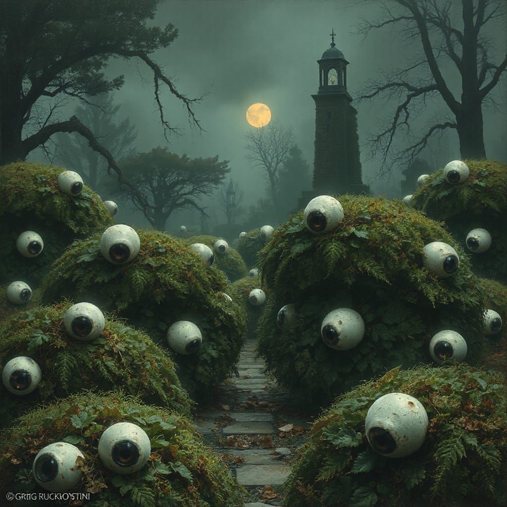 Sinister Garden of Eyes Growing on Bushes
