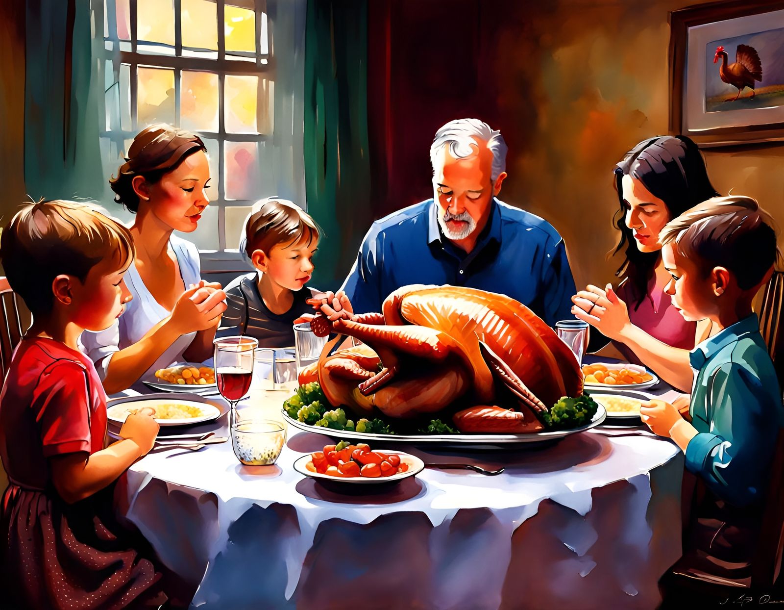 Family Thanksgiving Dinner in Watercolor Folk Art Style