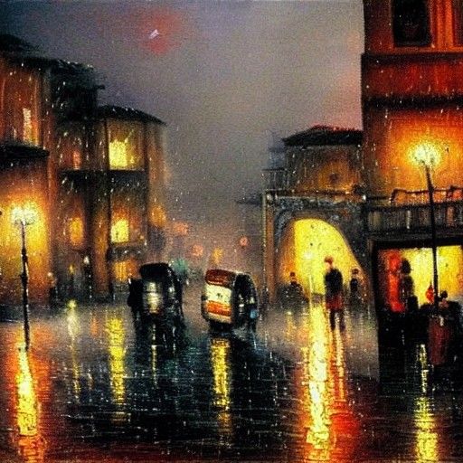Istanbul Streets at Night in Oil Painting