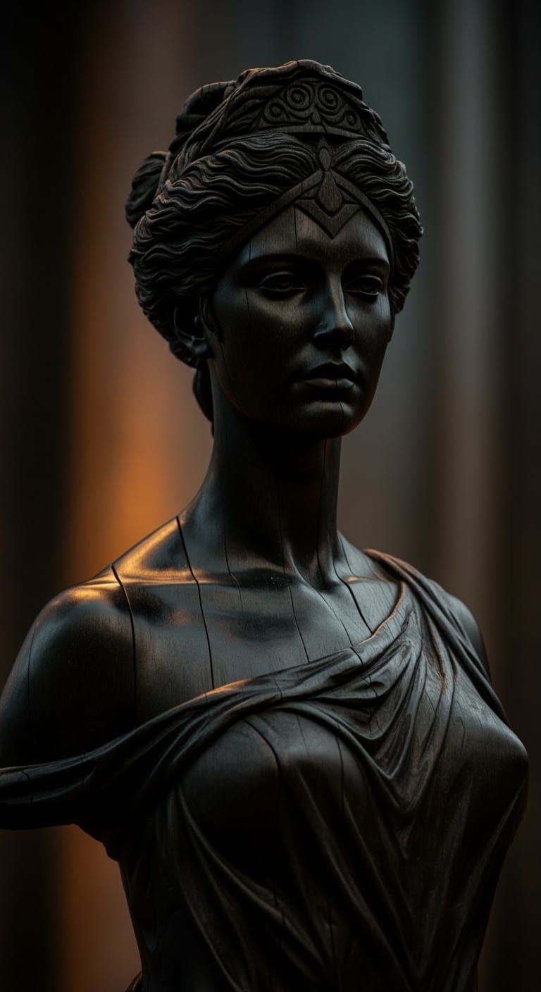 Ebony Statue of a Beautiful Woman in Dark Setting