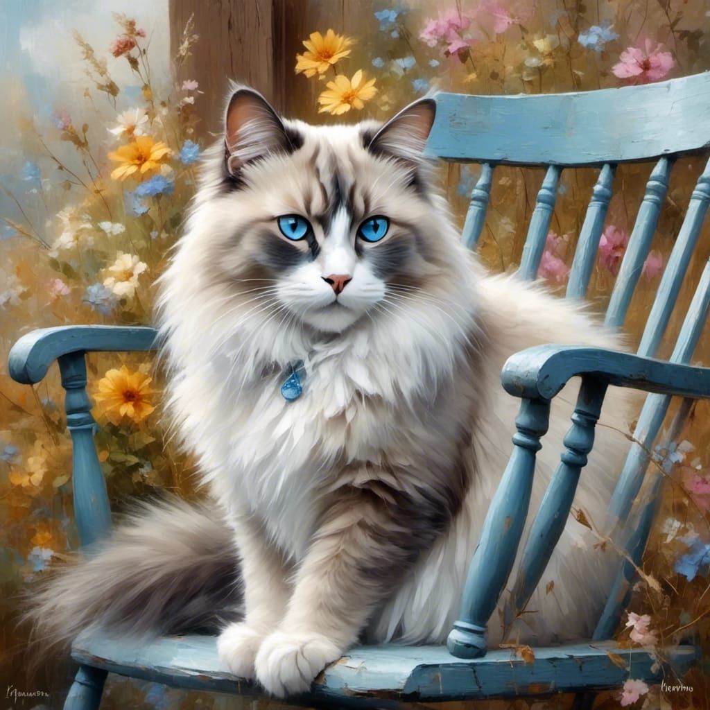 Ragdoll Cat in Rocking Chair, Folk Art Style