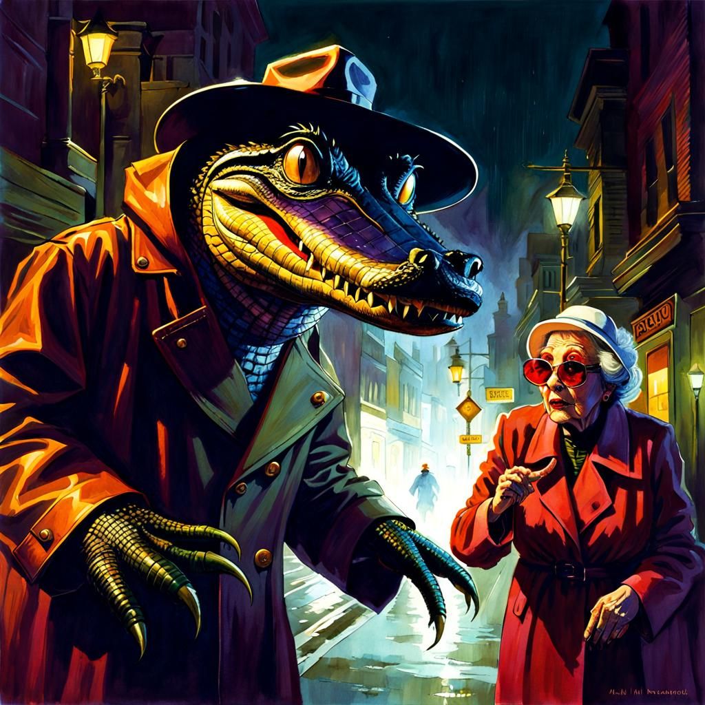 Alligator Man in City Street, Watercolor Style