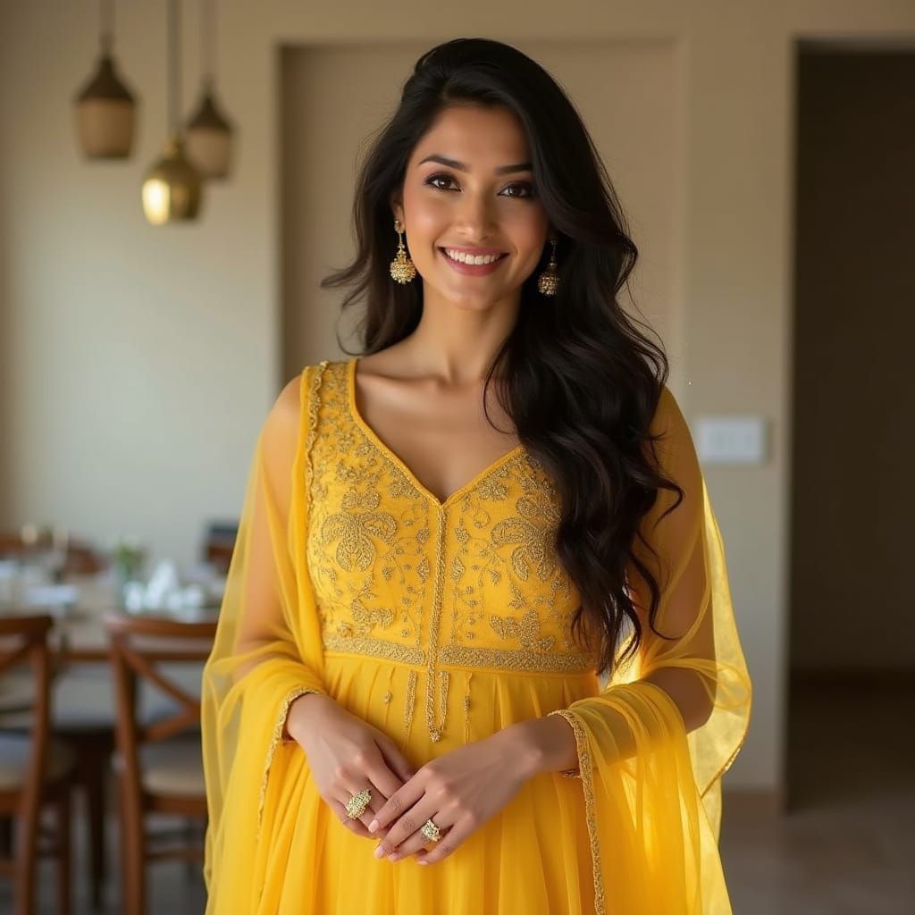 Woman in Yellow Salwar Suit, Photorealistic Style