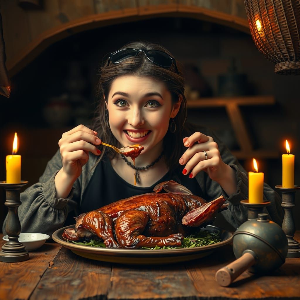 Becky Enjoys Roasted Bunny in Golden Light