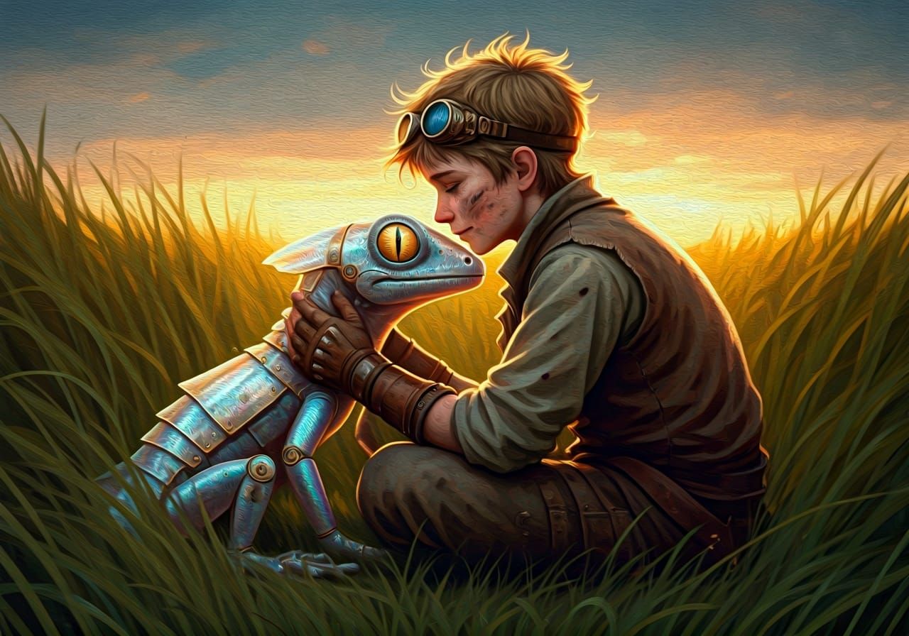 Boy and Alien Gecko: Steampunk Oil Painting