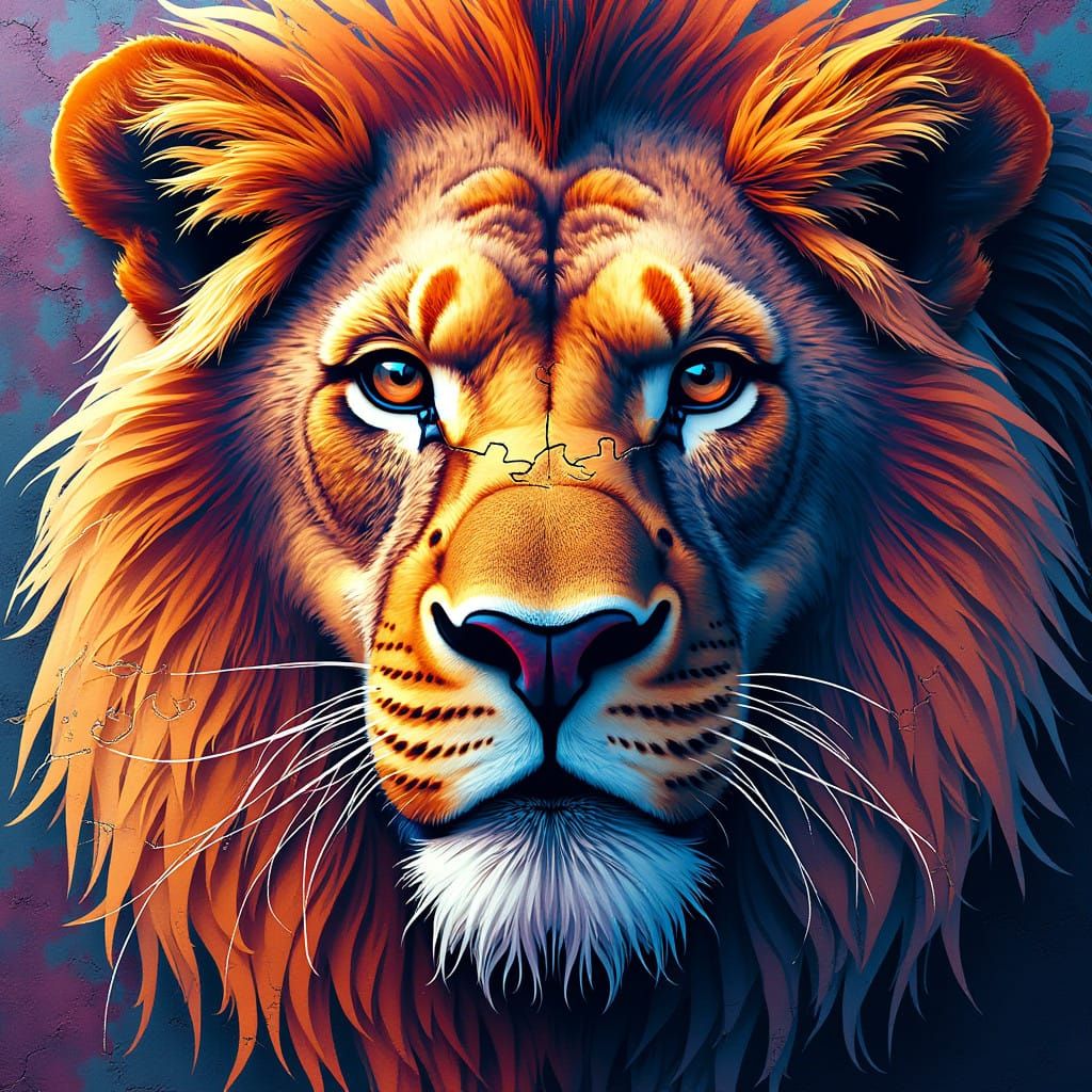 Vibrant Stylized Lion Face in Puzzle Piece Pop Art