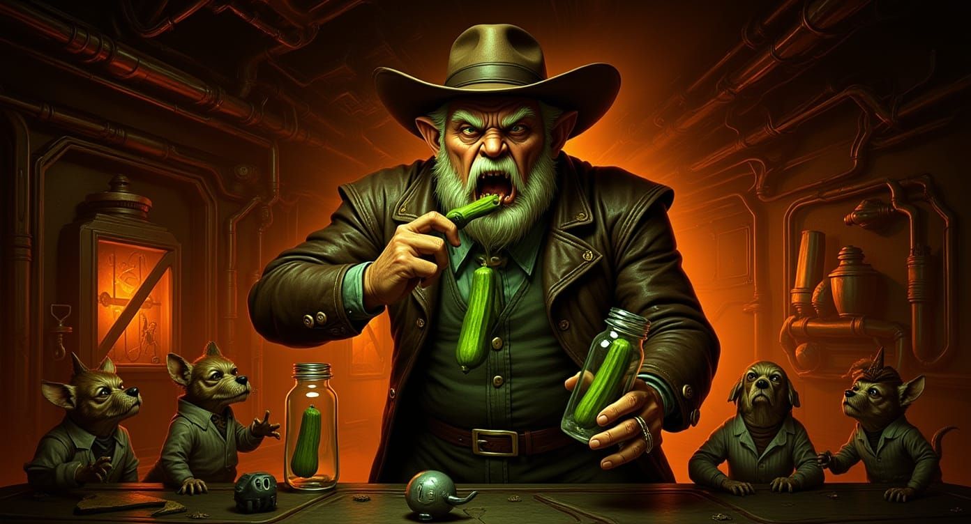 Gnome Cowboy's Pickle Transformation in Steampunk Lab