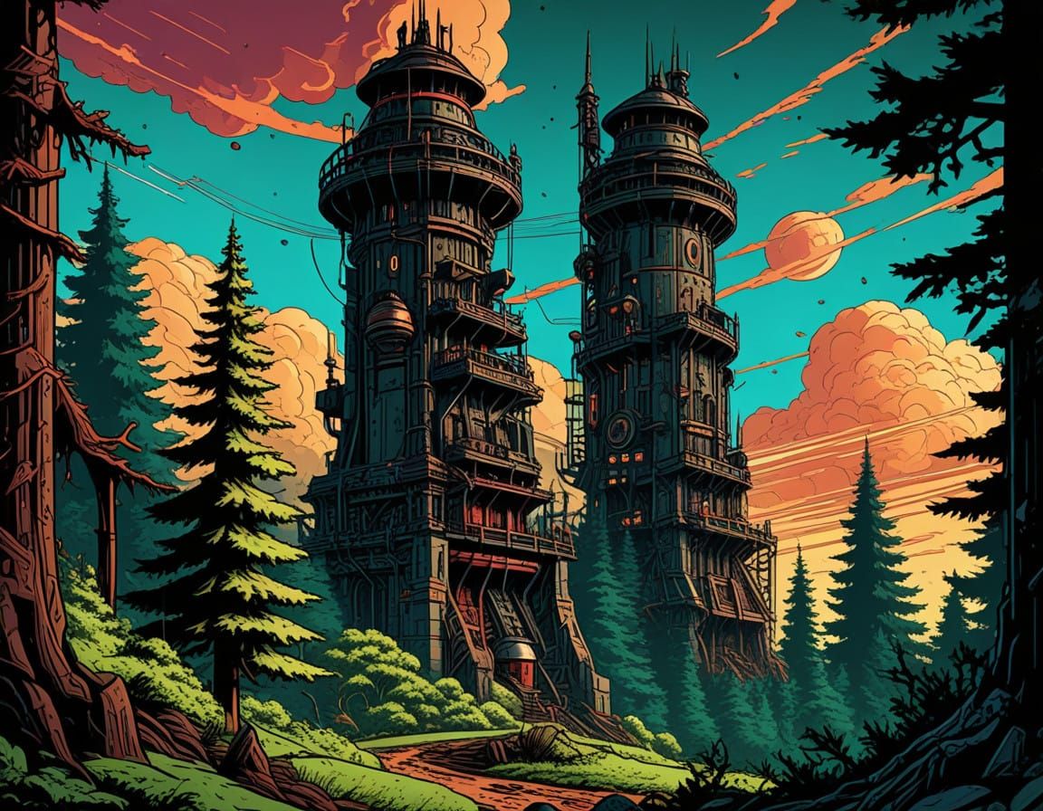 Steampunk Tower Unveiled in Retro Comic Book Style