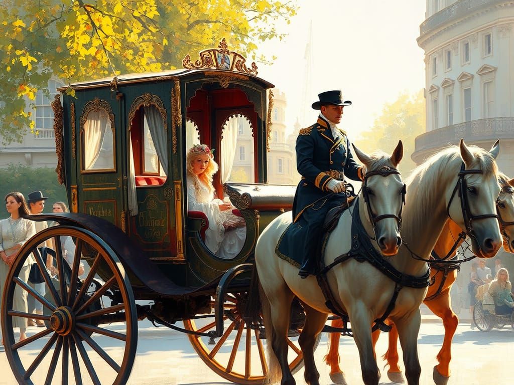 Horse-Drawn Carriage in London, Watercolour Painting