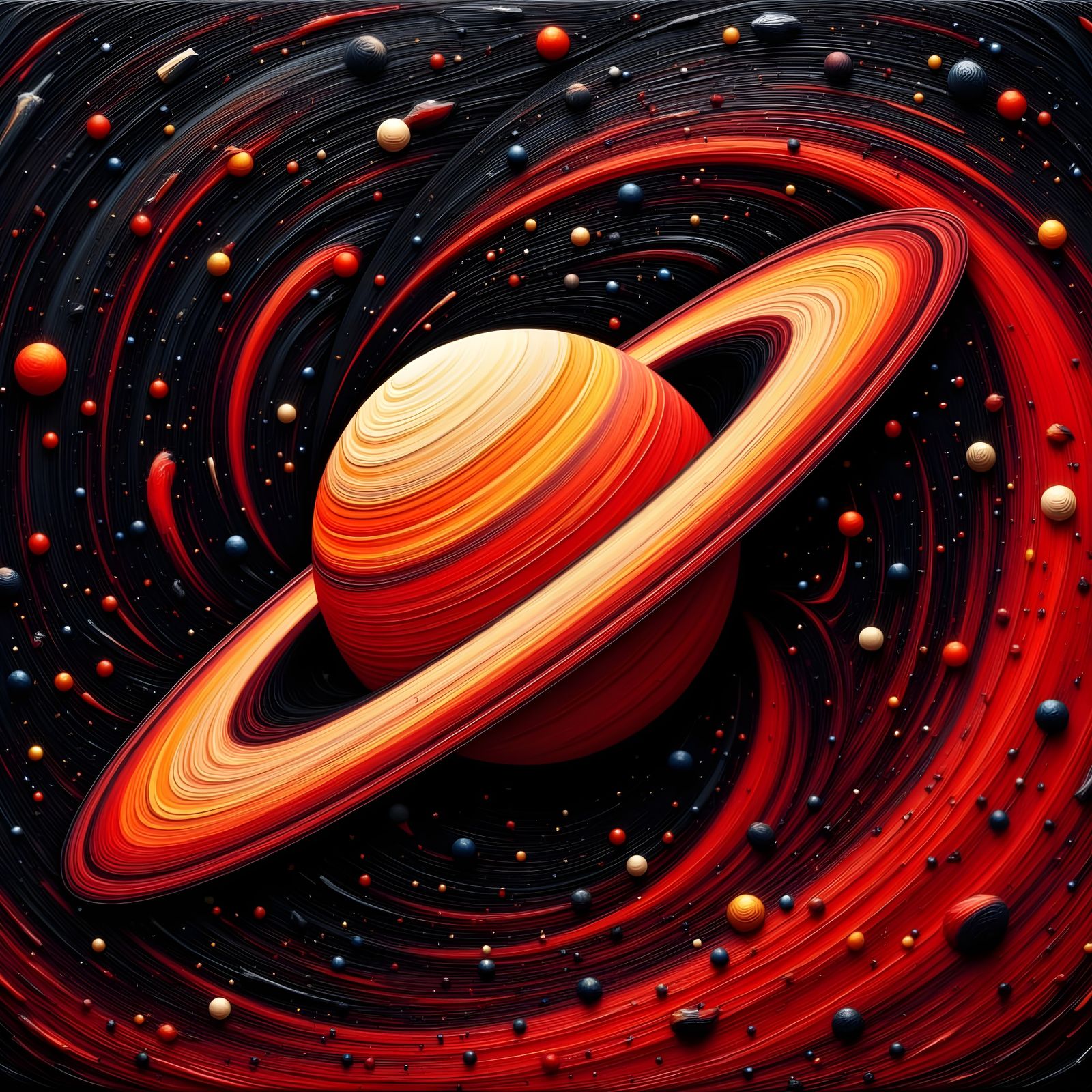 Impasto Saturn Rings in Vibrant Red and Black