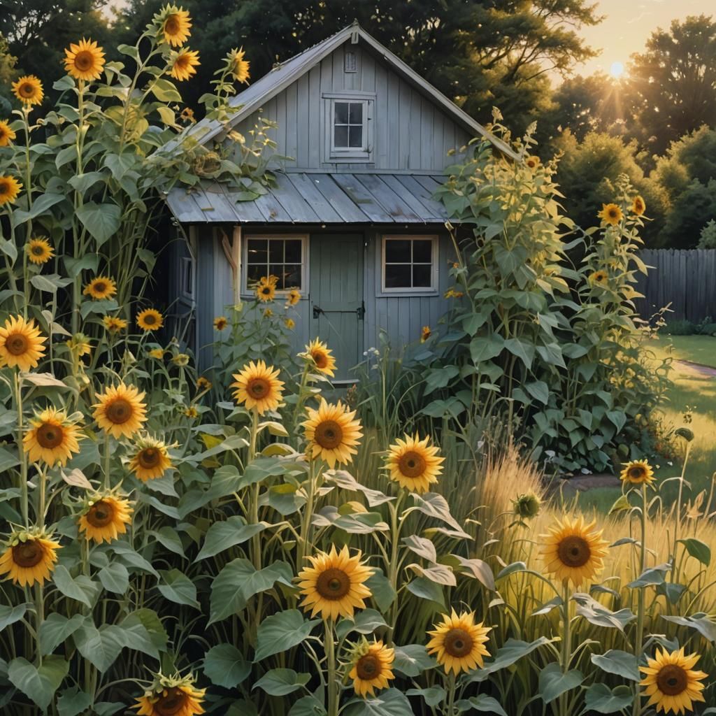 Garden Shed with Sunflowers in Evening Light