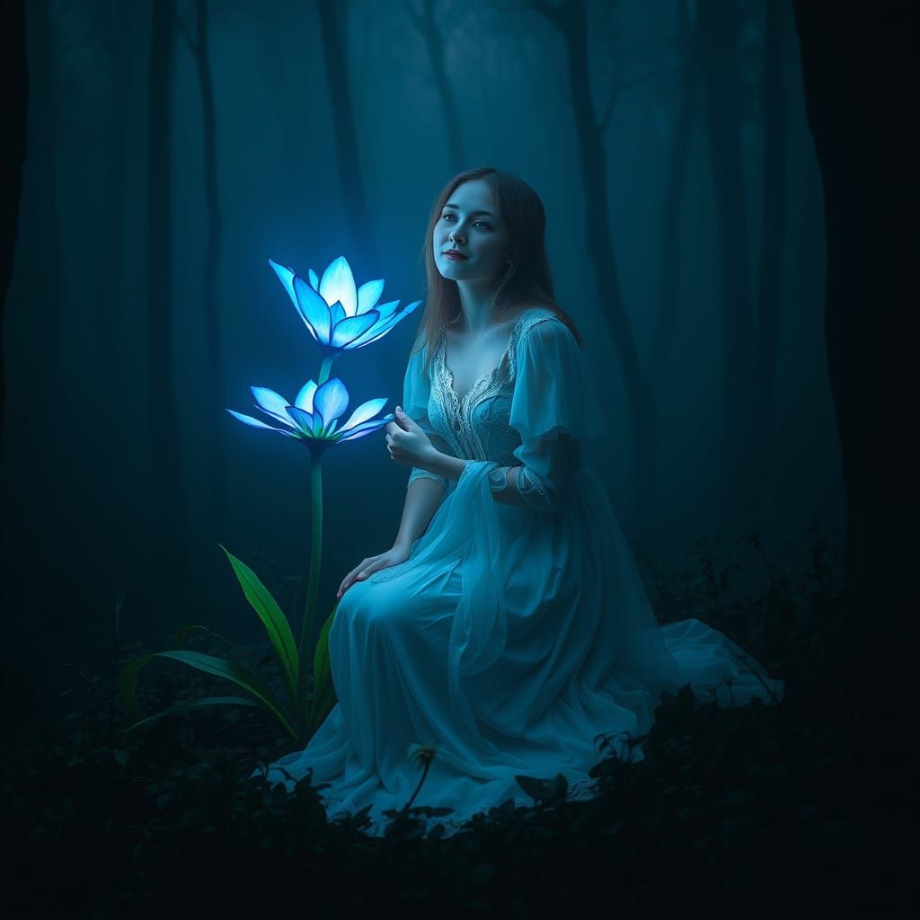 Woman and Glowing Flower in Misty Neon Forest