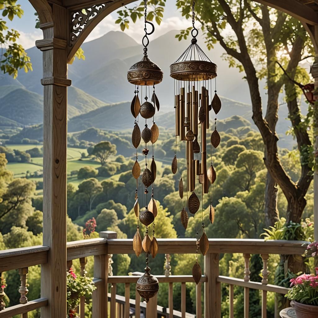 Hyperrealistic Wind Chimes with Landscape Background