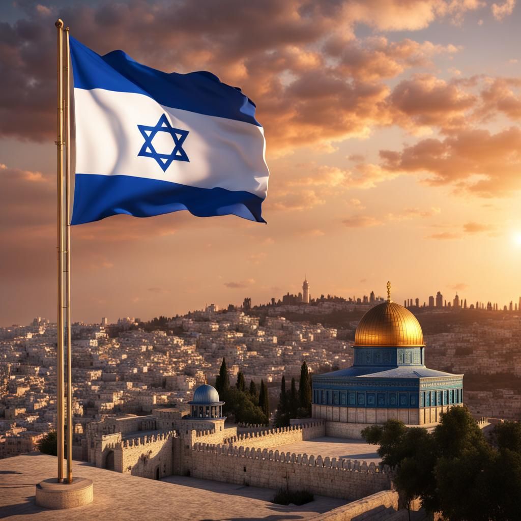 Israel Flag at Sunset with Dome of the Rock