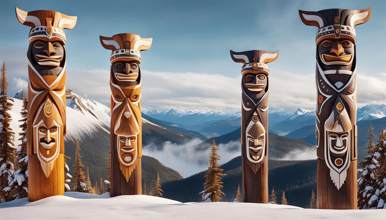 Northern American Totem Poles in Snowy Mountain Landscape