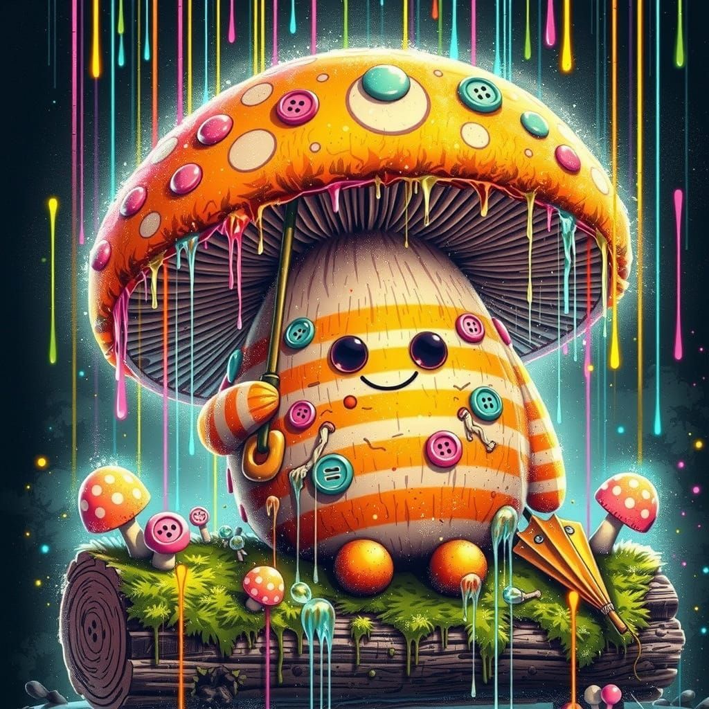 Mushroom Plush Toy with Polka Dot Umbrella in Grunge Landsca...