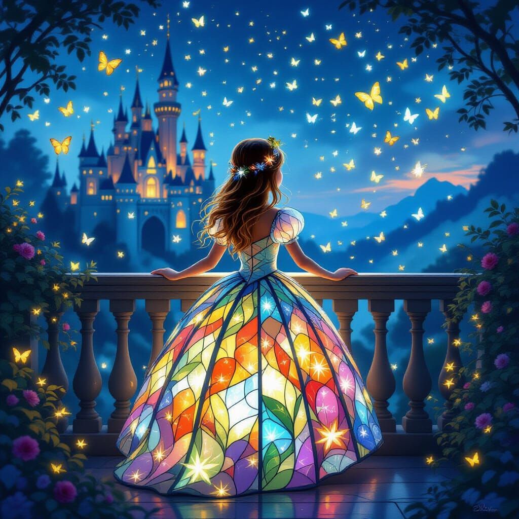 Magical Princess in Stained Glass Dress with Fireflies