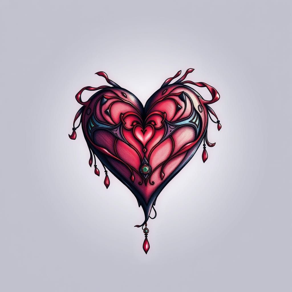 Fantasy Heart Tattoo in Bold Lines and Delicate Shading